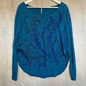 Free People Y2K Embellished Teal Long Sleeve Knit Top Oversized Casual Shirt XS